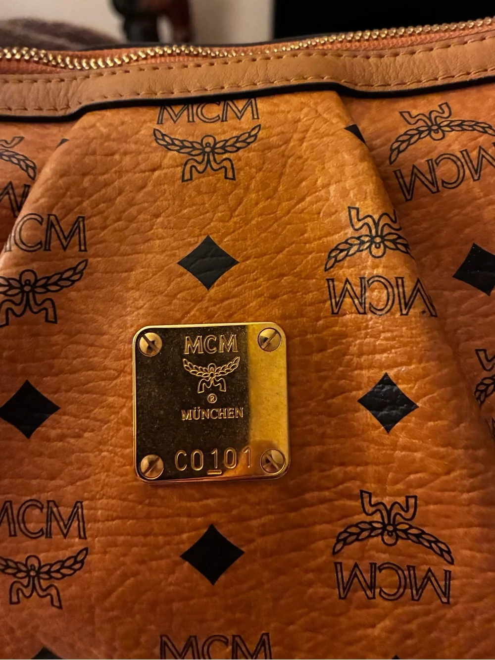 MCM Logo Visetos Pattern Shoulder Hobo Bag Leather Brown Cognac MSRP $1198